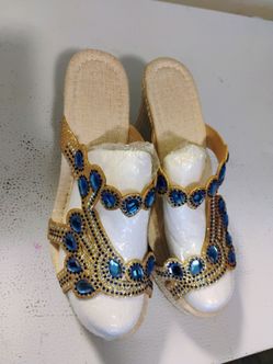 Embellished Wedge Sandals with Blue Rhinestones