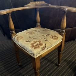 Antique Carved Oak Corner Chair w/ Velvet Floral Seat