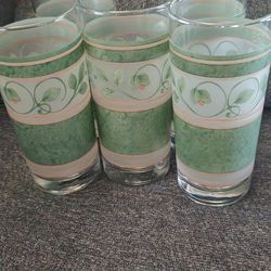 Vintage Set Of 5 Frosted Green And Pink 12 Oz Glasses