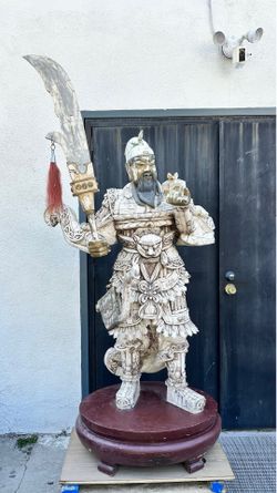 72” Tall Guan Yu Warrior Statue Bone Inlay Style Asian Sculpture w/ Stand