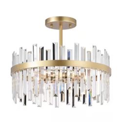 New 18.5 in. 5-Light Glossy Brass Drum Crystal Glass Semi-Flush Mount with No Bulbs Included