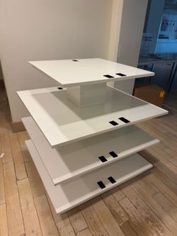 Modern White Retail Display Island Shelf on Wheels – 47.5” x 47.5” x 49” – 4-Tier Store Fixture