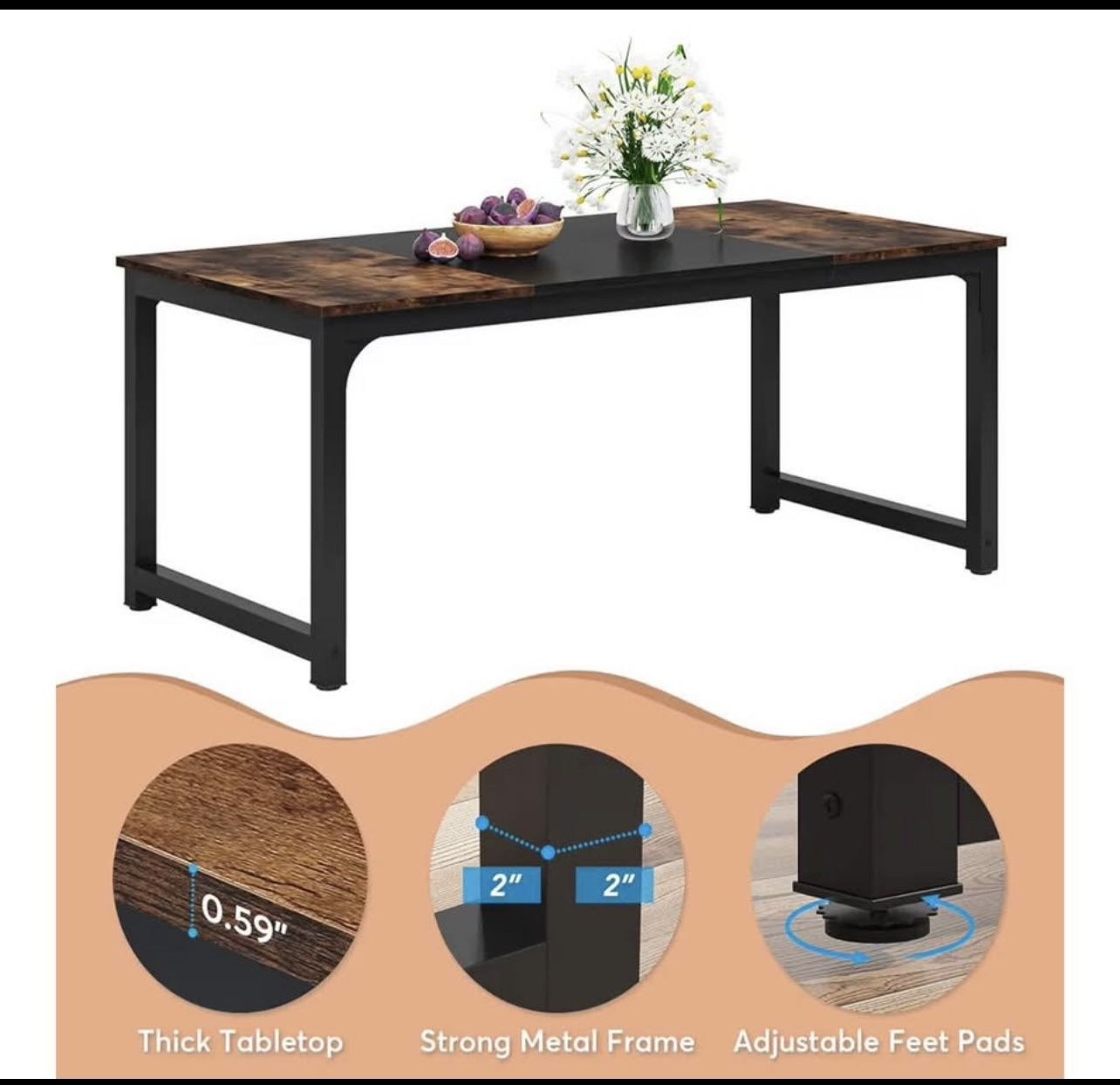 LITTLE TREE 70.9 Inch Large Dining Table Rectangular Kitchen Furniture for 6 to 8 People, Brown+Blac