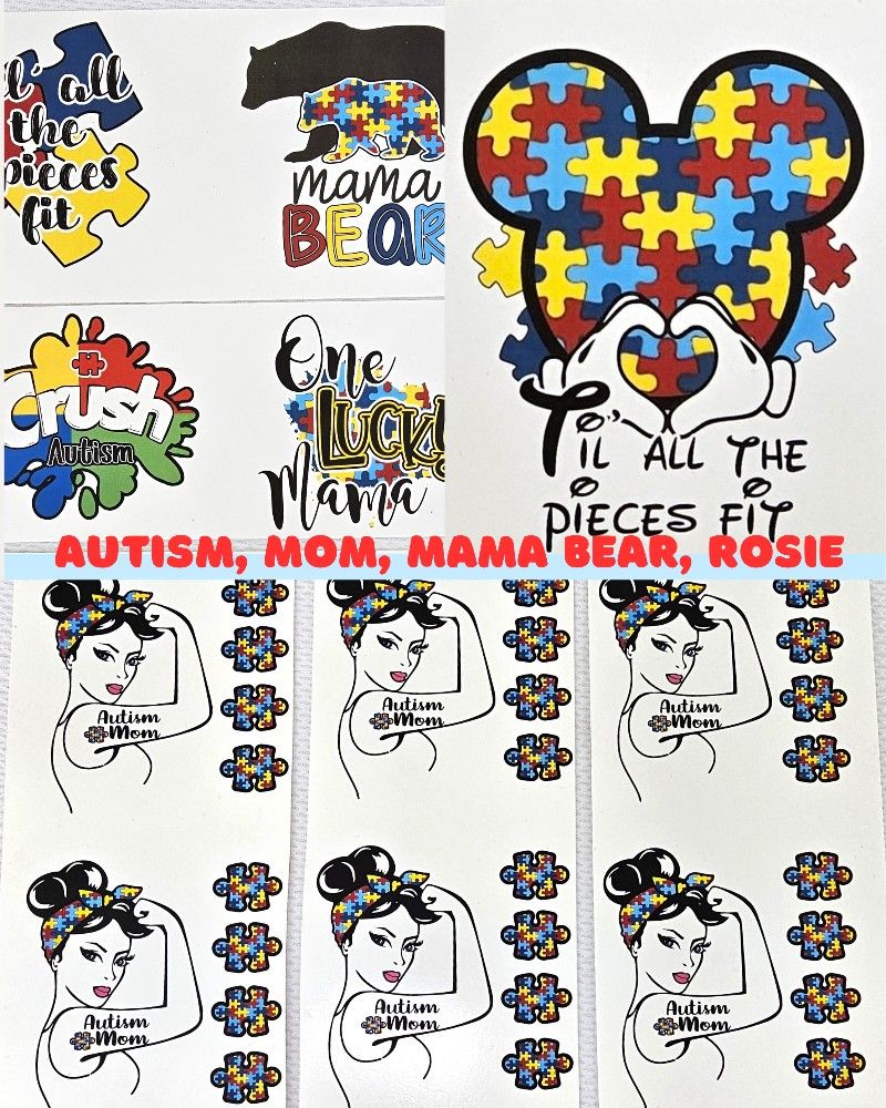 12 AUTISM THEME, Mom Rosie, Mama Bear Waterslide Transfer Decals