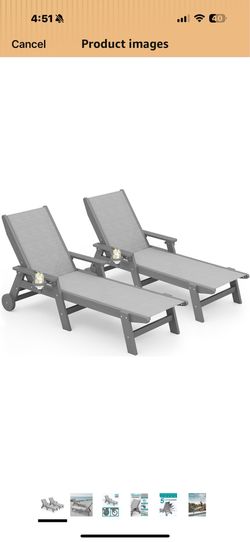 New in box SERWALL Textilene Patio Chaise Lounge Chair Set of 2, HDPE Outdoor Lounger with Rolling Wheels for Pool, Deck, Gray, 094-043