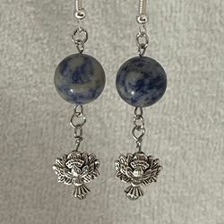 BLUE SPOT JASPER BALL EARRINGS With Lotus Charm