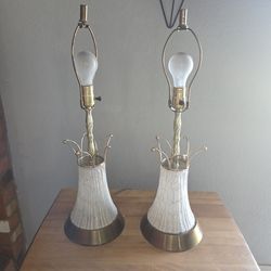 Vintage MCM Mid century  atomic table lamps matching brass and gold spaghetti glass
