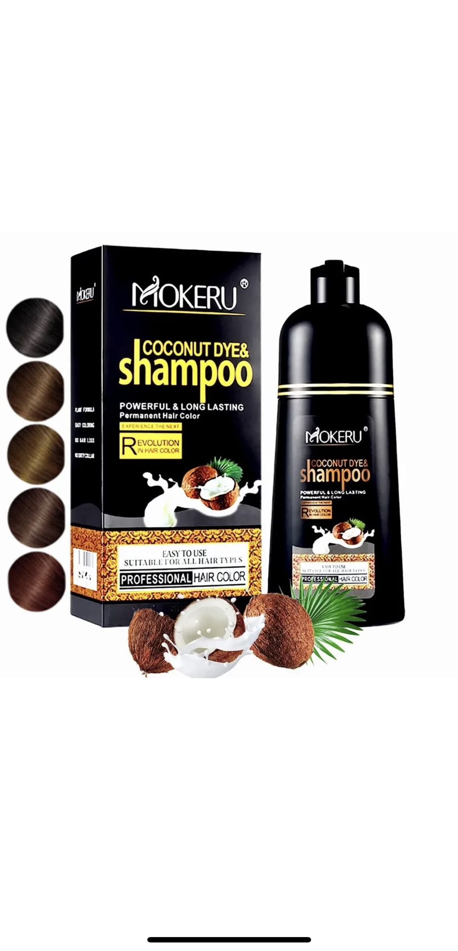 500ML MOKERU Coconut Black Hair Dye Shampoo for Gray Hair, Semi-Permanent Hair Color Shampoo for Women and Men, Fast Acting and Long Lasting, 3 in 1h 