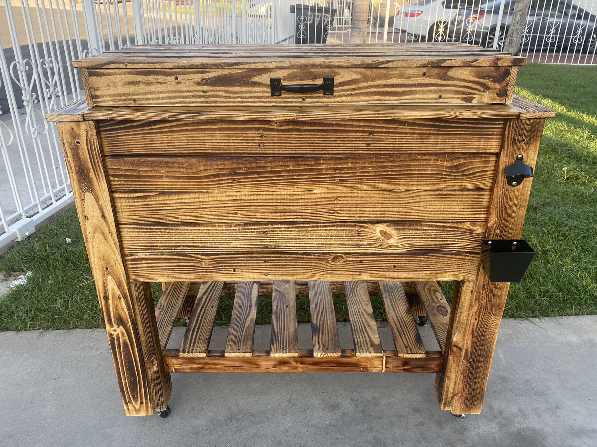 Burned Wooden Cooler With Swivel Wheels 