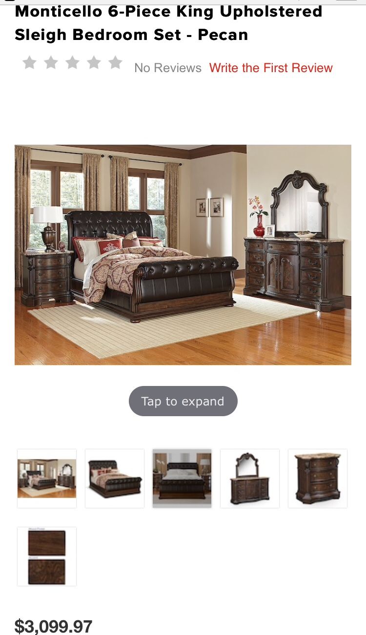 Monticello 6-Piece King Upholstered Sleigh Bedroom Set - Pecan