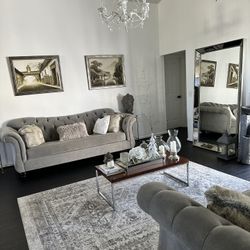 2 Piece Grey Velvet  Tufted Living Room Set 