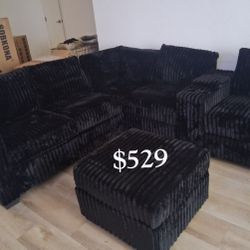 4-pc Sectional Sofa With Ottoman Black Fur-Like Corduroy Fabric 