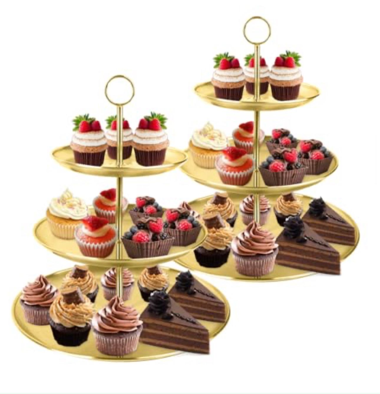2 3-tier gold metal dessert stands