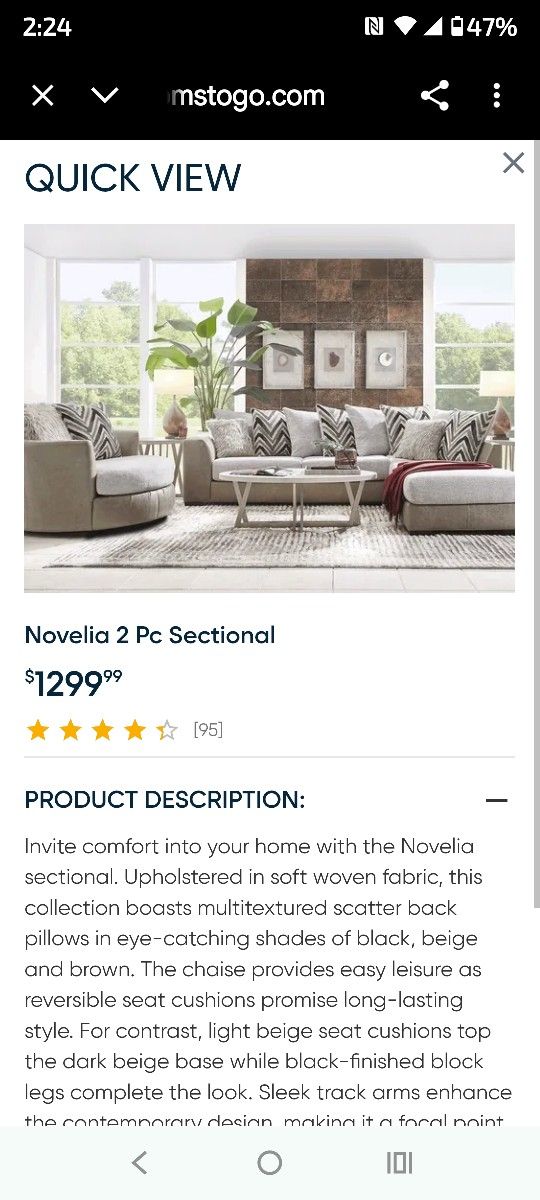 Novelia 2 Piece Sectional With Pillows
