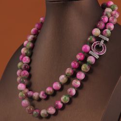 Double Strand Pink Green Beaded Necklace