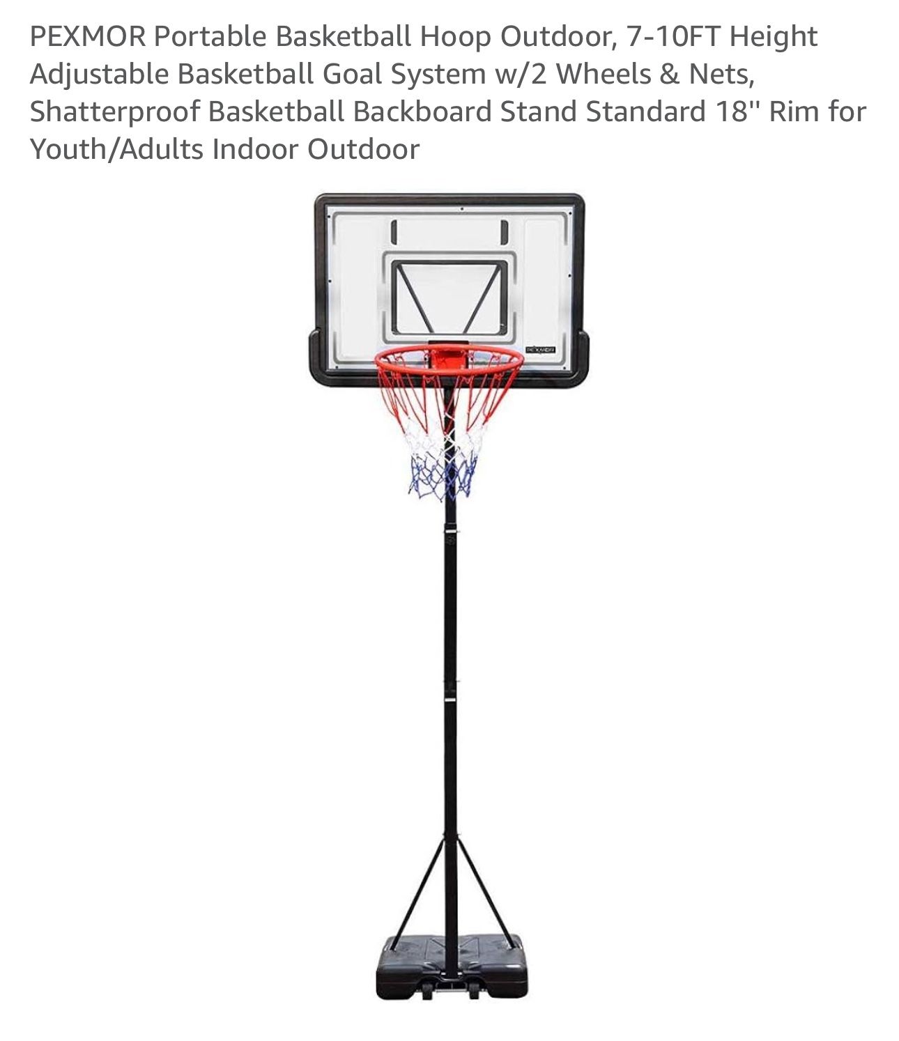 PEXMOR Portable Basketball Hoop Outdoor, 7-10FT Height Adjustable Basketball Goal System w/2 Wheels & Net