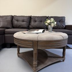 Brand new Brand new Round Ottoman Coffee Table, 2 Tier Button Tufted Ottoman with Wooden Shelf Storage, Farmhouse Linen Fabric Upholstered Footstool f