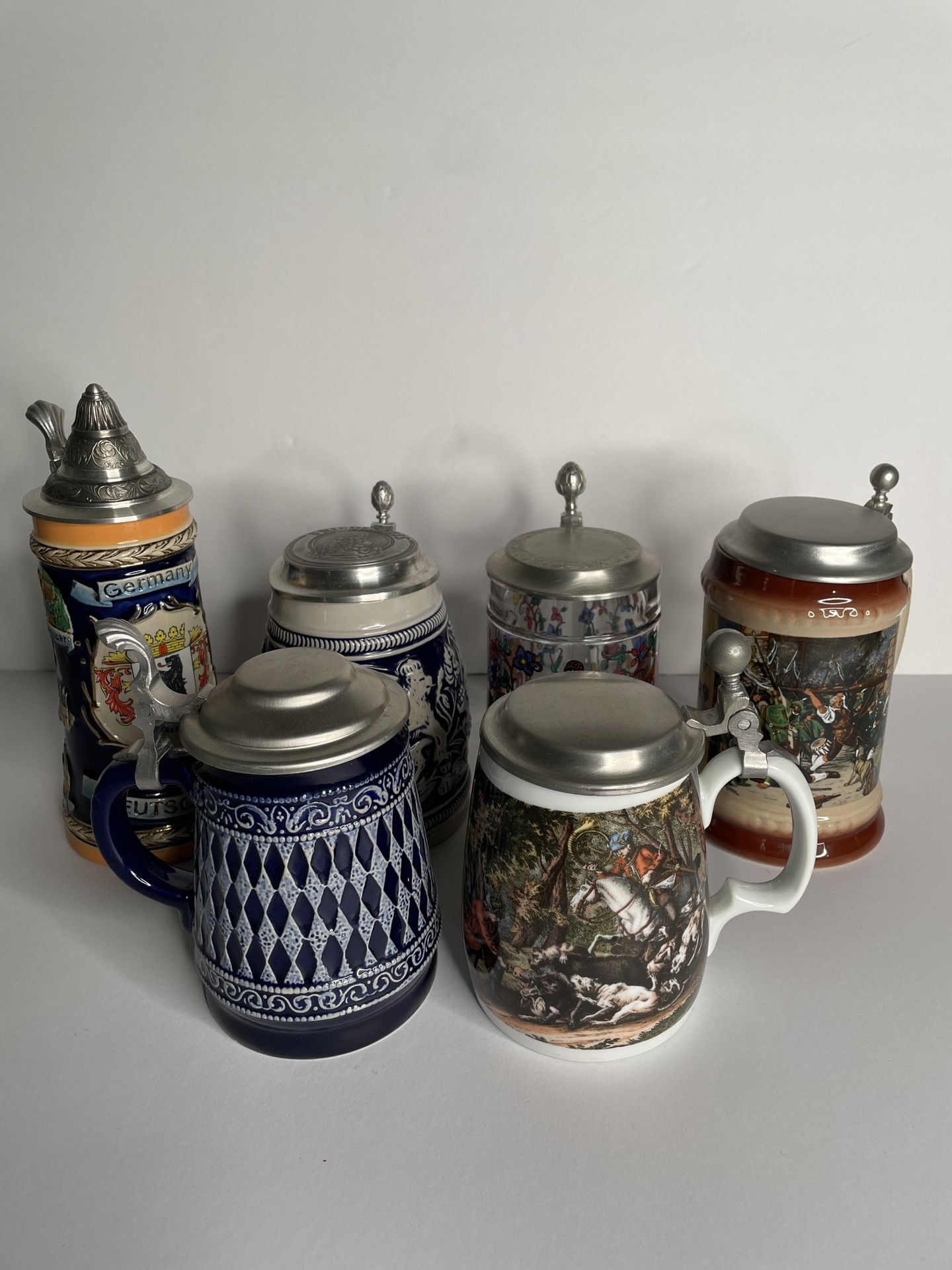 Set of 6 Rare Vintage German Beer Steins with Pewter Lids