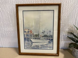 Framed Boat Scene Watercolor Painting