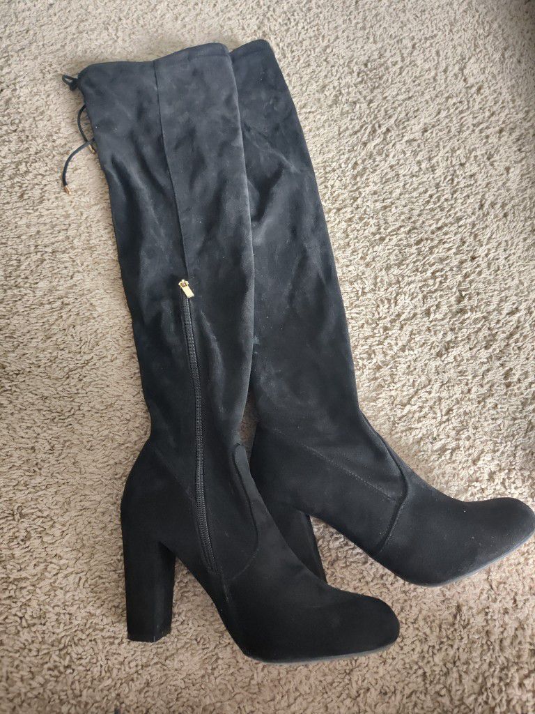 Size 10 Over The Knee Black Suede High Heeled Boots