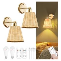 Set Of 2 Rattan Rechargeable Battery Operated Wall Sconces with Remote, 3 Colors Dimmable Wireless Wall Light, 5200mAh Indoor Wall Lamp 