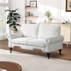 65"W Loveseat Sofa, Linen Upholstered 2 Seat Mid Century Modern Couch with Nailhead Trim & Diamond Decor, Deep Seat Comfy Sofa with Rolled Armrests & 