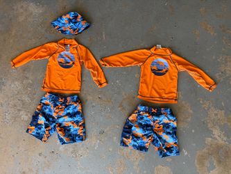 2 Kids Swimwear Sets - Rash Guards, Trunks, Hat
