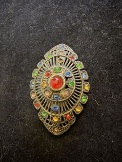 1920's Art Deco Multi-colored Rhinestone Brooch Pin Set in Pot Metal