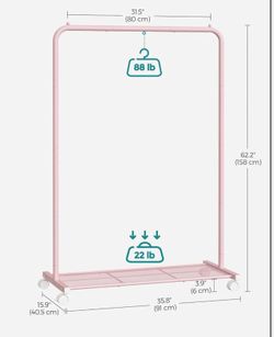 SONGMICS Clothing Metal Garment Rack w/ Wheels and Dense Mesh Storage Shelf - Pink