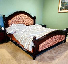 King Cherry Wood Sleigh Bed Frame — Tufted Headboard & Footboard, Poster Posts