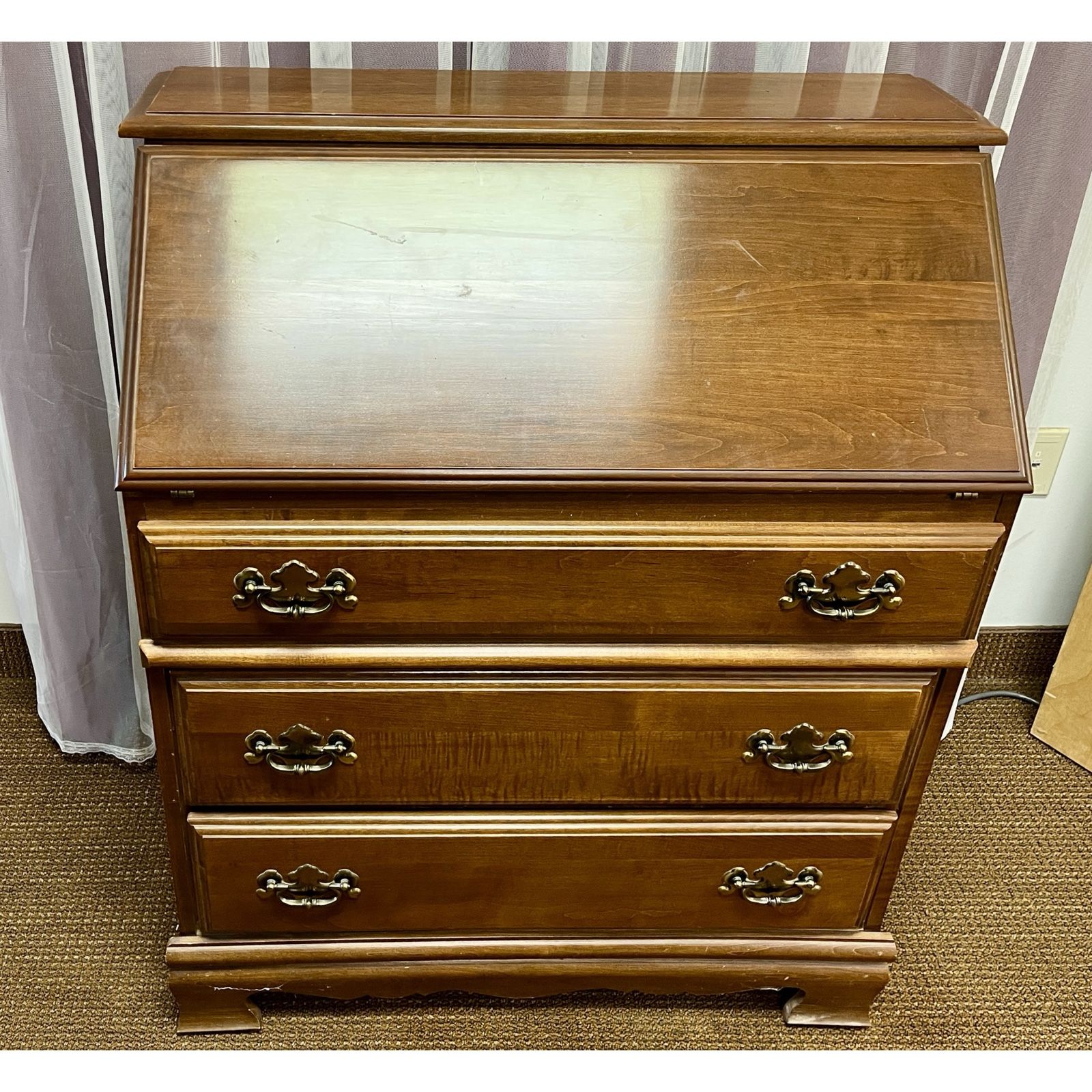 Vintage maple secretary desk with drop front writing surface and 3 drawers