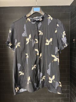 Crane Print Ruffle Trim Blouse - LG