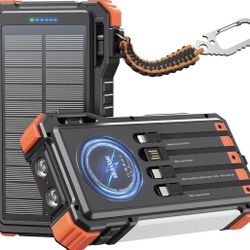 Power Bank Solar Charger Built in Cables, 20000mAh Wireless Portable Charger with USB C, PD QC Fast Charging Waterproof Battery Pack for Cell Phone, C