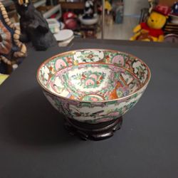 Antique 1800's Chinese Rose Canton Bowl Porcelain Chinoiserie Vibrant Colors Gold Accents, Comes W/Wood Stand 6.75"W x 3.25"H