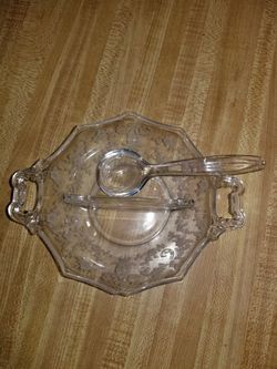 Vintage New Martinsville "Prelude" Pattern Divided Relish Bowl & Seiving Spoon