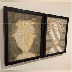 Set Of 2 BOTH Original Modern Fine Art DAN SAYLES Abstract Portraiture Paintings San Diego California Artist Signed Framed Mixed Medium Contemporary H