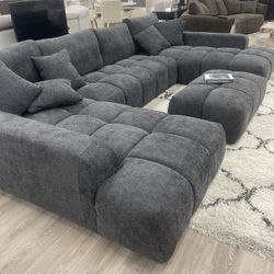 Grey Sectional Sofa With Double Chaise + Ottoman