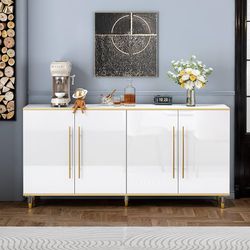 63" Sideboard Buffet Cabinet with Storage, Console Cabinets with Adjustable Shelves & Doors, High Glossy White and Gold Sideboards for Living Room Kit