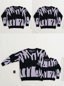 Vintage Graphic Knit Sweater - Black and White Abstract Crewneck - Size : Large