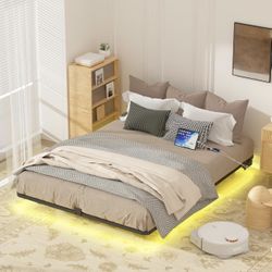 Queen Size Floating Bed Frame with LED Lights, Heavy Duty Metal Platform Floating Bed Frame with Charging Station, No Box Spring Needed, Easy Assembly