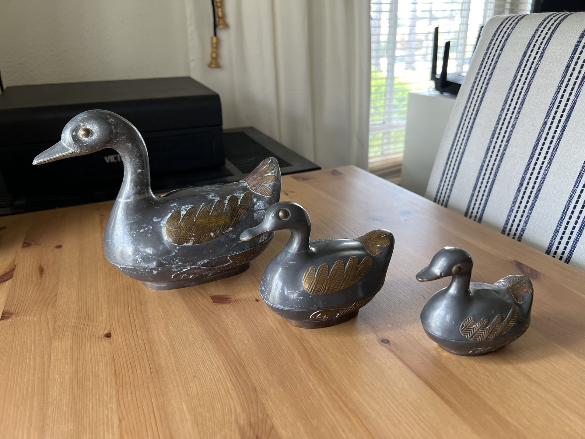 Antique Pewter And Brass Duck Trinket Box- Set Of 3 Made In Hong Kong