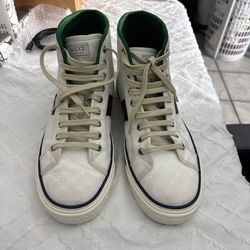 Gucci White High-Top Sneakers with Green & Red Web Stripe, size 11