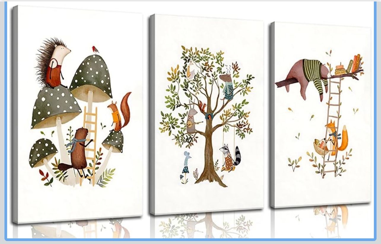 3Pcs Woodland Safari Animals Nursery Canvas Wall Art Baby Jungle Small Animal Wall Decor Pictures Tree Bear Rabbit Fox Hedgehog Kids Posters Prints fo
