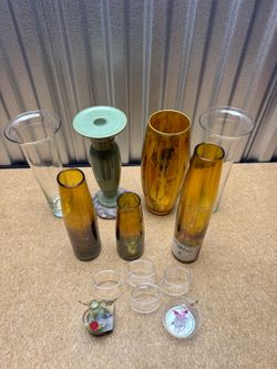 Glass Vase Lot Amber Iridescent Clear Gold Angels Votive Holders