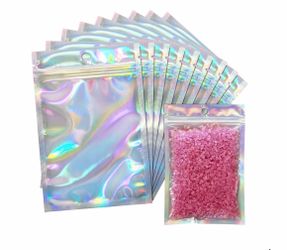 Paquete de 100 bolsas holográficas resellables para pequeñas empresas, bolsas de Mylar iridiscentes con parte delantera transparente, a prueba de olor