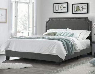Upholstered Bed with Nail Trim Headboard, King