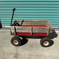Red Wagon With Wood Sides And Inflatable Tires