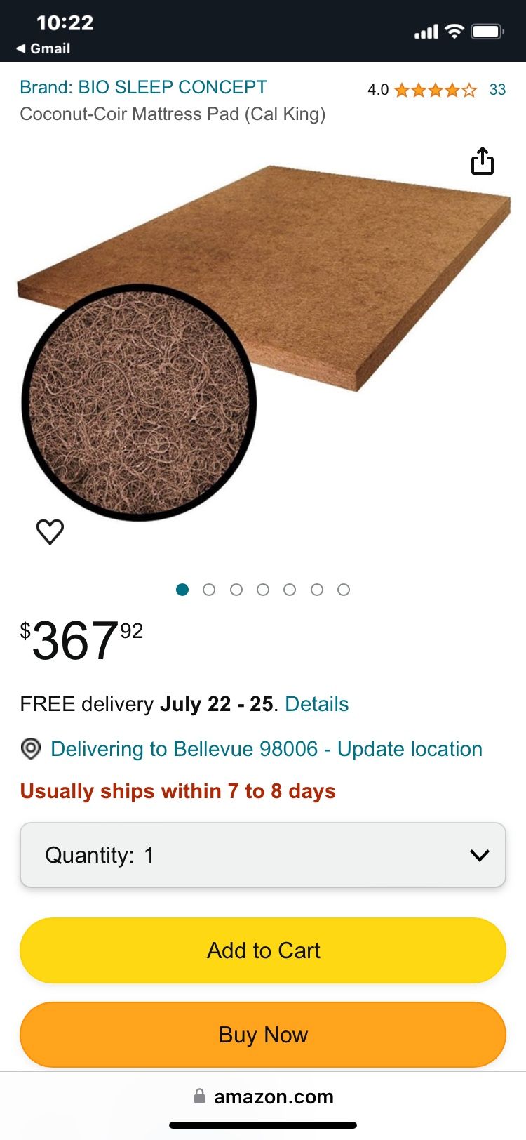 Coconut coir Mattress pad (Cal king size)