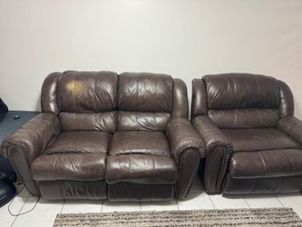 Brown Leather Reclining Sofa and Chair Set
