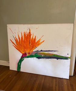 Signed Lisa Greve Abstract expressionist painting vibrant orange and pink Bird of Paradise